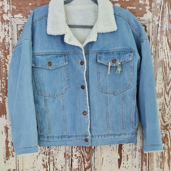 Handcrafted, unique denim Jacket with cool patches Size M - Picture 2 of 5